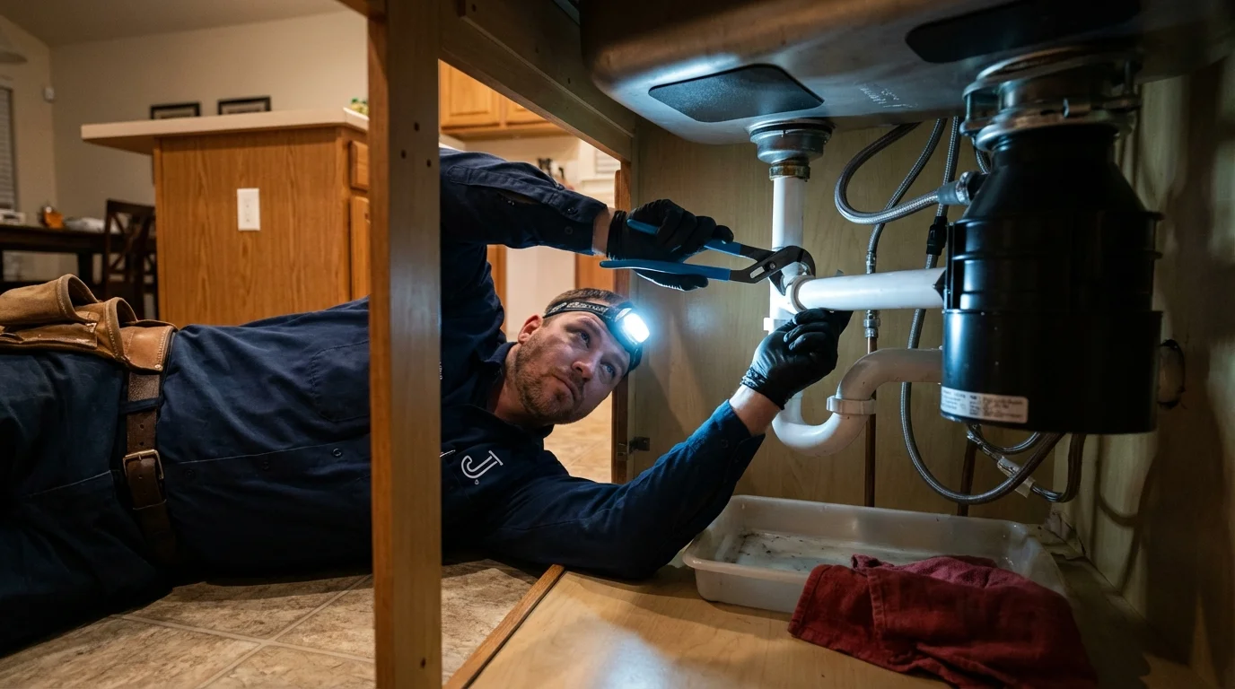P-trap and supply line connections under a kitchen sink showing a common leak point in Brentwood, TN